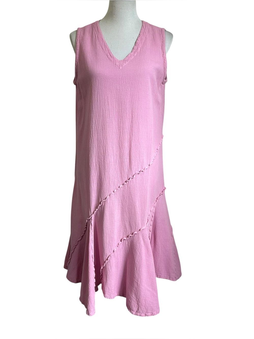 Oh My Gauze! Womens Cotton Crinkle Midi Sleeveless Dress Sz 2 /Large Pink V Neck